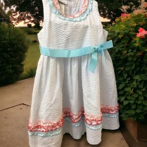 Nice Girls Summer Dress Size 4 White with Aqua Ribbon-Belt Ruffle Accents Women